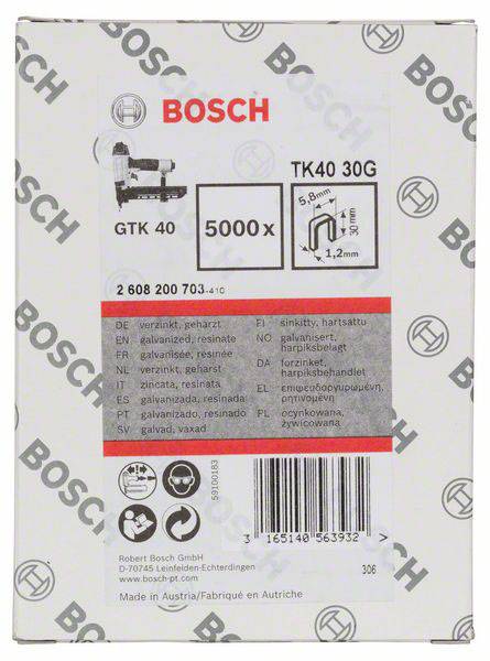 Confezione da 5000 chiodi zincati e ricoperti in resina BOSCH, modello GTK 40, dimensione 1,2 mm.