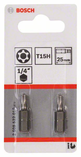Confezione con due inserti Bosch T15H Torx, da 25 mm, compatibili con cacciavite da 1/4'.