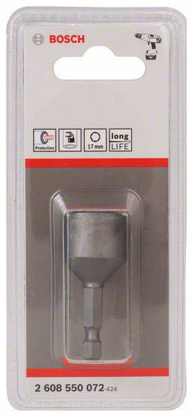 Un packaging Bosch con una punta da trapano da 17 mm 'lunga durata' per trapani, con simboli di protezione e codice articolo 2 608 550 072-424.