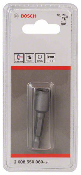Inserto per chiave a bussola 'Bosch', dimensione 8 mm, in confezione blister. Adatto per utensili elettrici, con simboli aggiuntivi per la protezione e la lunga durata.