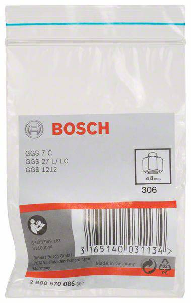 Busta di plastica con logo Bosch, contiene accessori di montaggio da 8 mm. Codici prodotto: GGS 7 C, GGS 27 L/LC, GGS 1212. Prodotto in Germania.