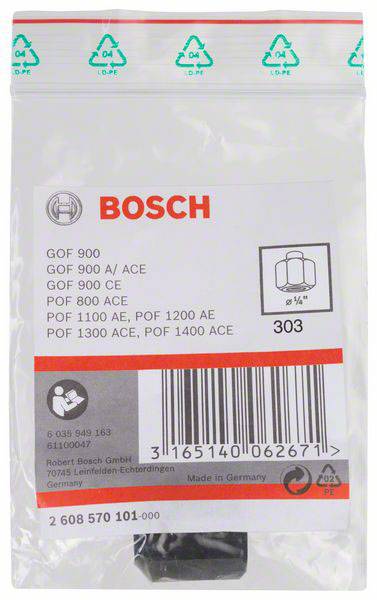 Una confezione di una fresatrice Bosch. Contiene numeri di modello e un codice a barre. Imballaggio in plastica con simboli di riciclaggio.