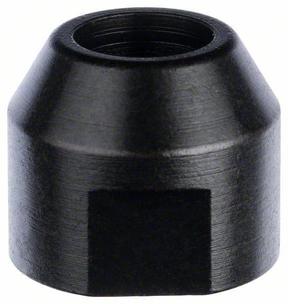 Dado metallico nero conico, probabilmente utilizzato per fissare ruote. La parte superiore è più larga, mentre l'apertura inferiore si restringe.
