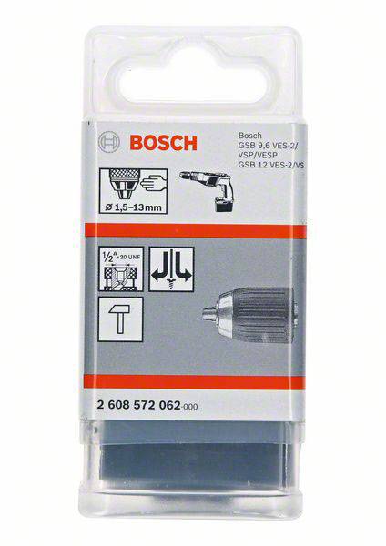 Confezione di un mandrino autoserrante di ricambio per trapani Bosch. Adatto per GSB 9,6 VES-2/12 VES-2/VS. Gamma di serraggio 1,5-13 mm.
