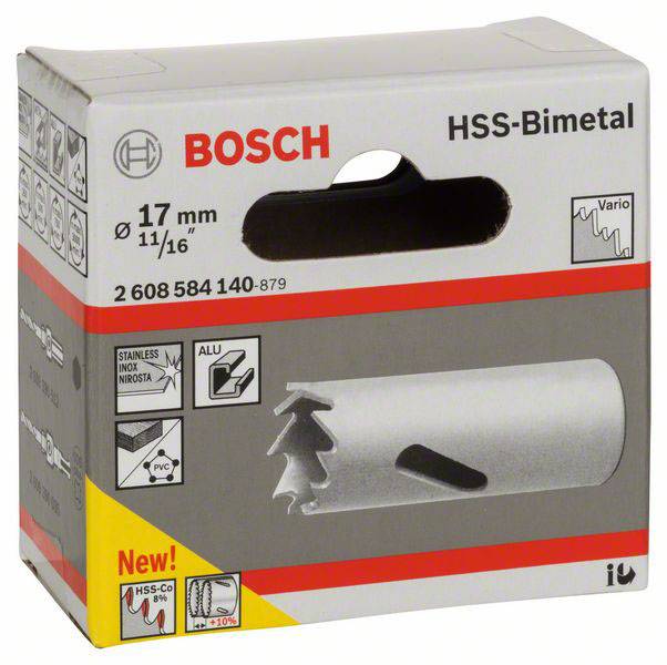 Confezione di una sega a tazza HSS-bimetallo Bosch. Mostra informazioni sul prodotto come diametro di 17 mm, dentatura variabile, adatta a diversi materiali.