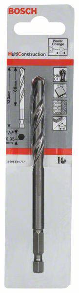 Punte Bosch per materiali diversi, lunghezza 100 mm, diametro 6 mm, su scheda con istruzioni per l'uso e simboli.