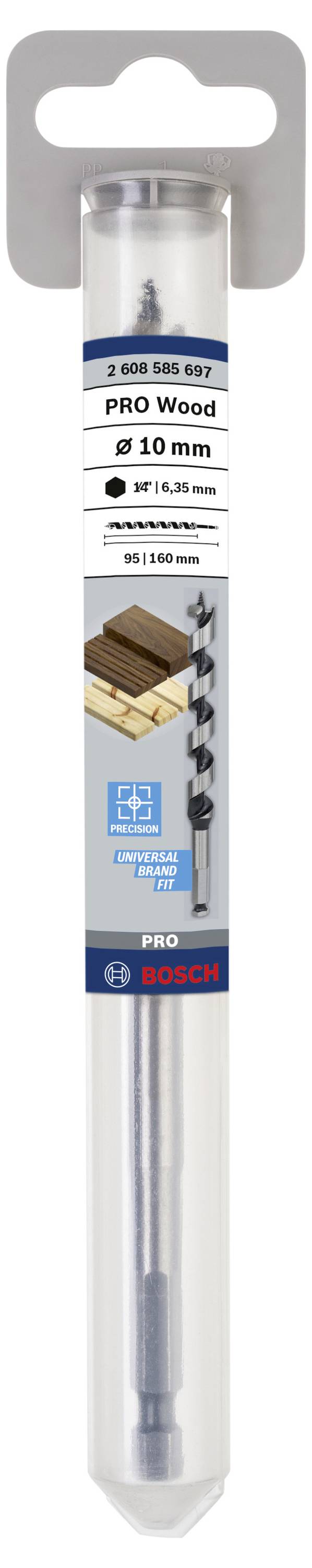 Set di punte, confezionato, 'PRO Wood' per forature in legno da 10 mm, set da 3 pezzi, indicato con simboli di legno e trapano, marca Bosch.