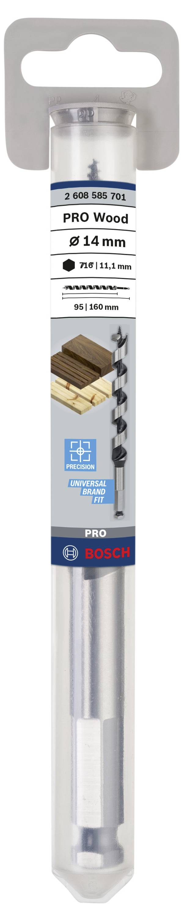 Una confezione di punta per legno PRO Wood da 14 mm di Bosch con immagine di una punta per legno. Adatta per lavori in legno, in custodia resistente.