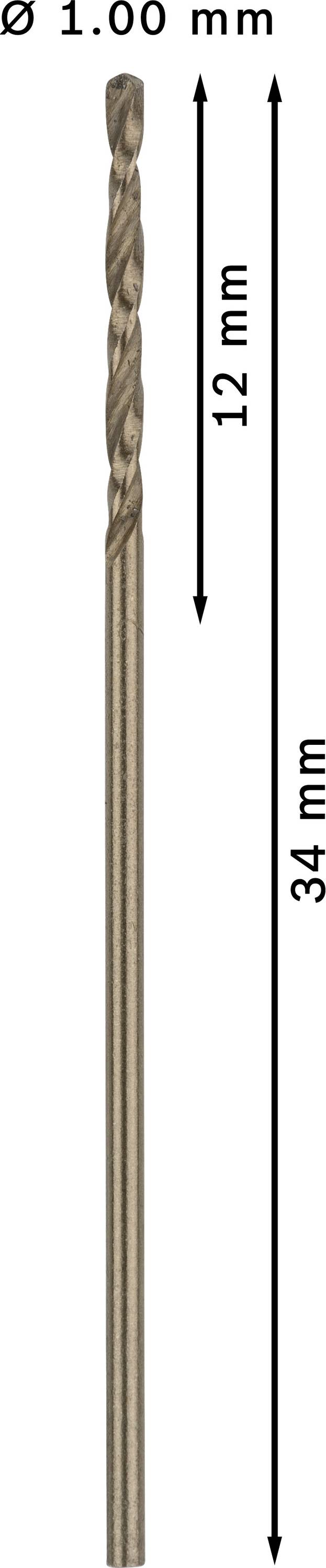 Punta con diametro di 1,00 mm. Lunghezza totale 34 mm, lunghezza spirale 12 mm.