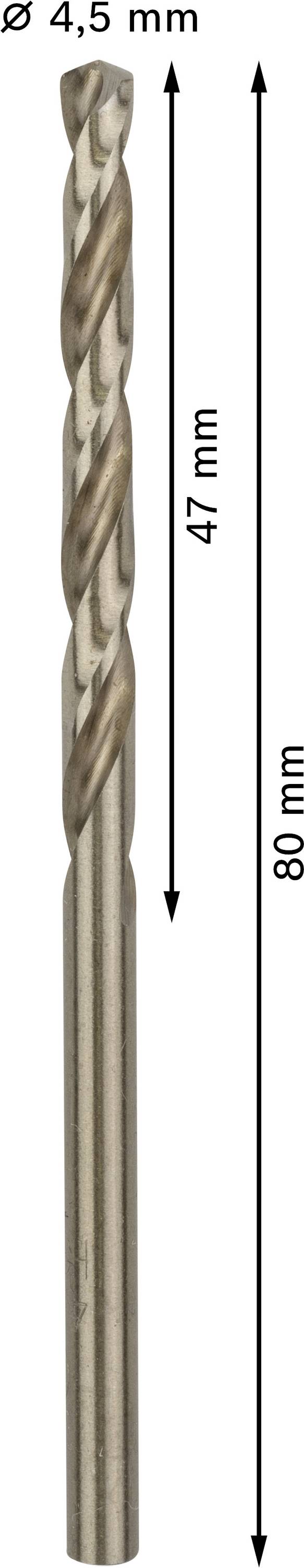 Punta da trapano con diametro di 4,5 mm, lunghezza 80 mm, spirale 47 mm. Adatta per forature su legno o metallo.