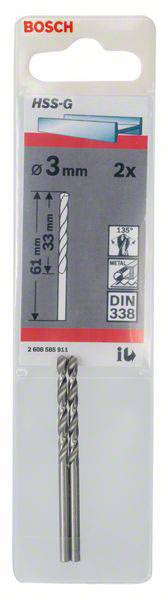 Confezione contenente due punte elicoidali Bosch HSS-G, diametro 3 mm, lunghezza 61 mm. Adatte per metallo secondo la norma DIN 338.