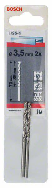 Confezione con due punte da trapano in metallo, marca Bosch. Diametro 3,5 mm, lunghezza 70 mm. Adatte per acciaio, i simboli inclusi mostrano le istruzioni per l'uso.