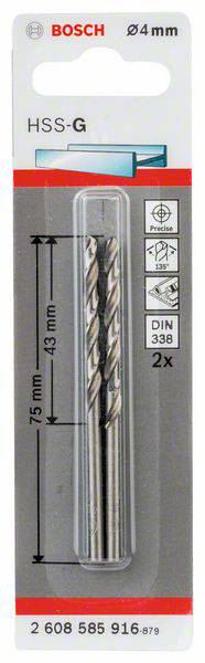 Punta per metallo Bosch HSS-G da 4 mm, lunghezza di 75 mm e lunghezza utile di 43 mm, conforme alla norma DIN 338, confezione doppia.