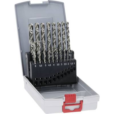 Un set di 13 punte in un contenitore grigio aperto con chiusura rossa. Le punte sono ordinate in dimensioni da 1,5 a 6 mm.