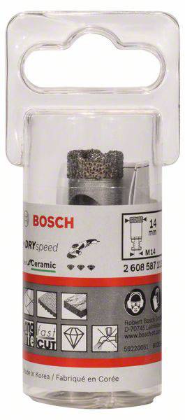 Confezione di una punta diamantata Bosch Dry Speed, diametro 14 mm, per piastrelle, Made in Korea. Contiene punta e supporto.