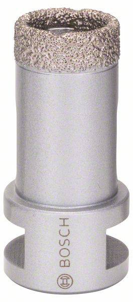 Punta per trapano Bosch con testa rivestita in diamante per forare materiali duri. Cilindro argentato con nome del marchio e logo.