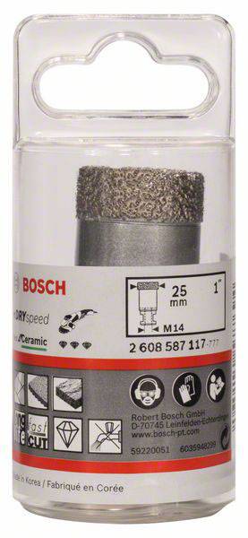 Corona diamantata Bosch, 25 mm, adatta per ceramica, attacco M14. La confezione mostra istruzioni per l'uso e simboli per i materiali.