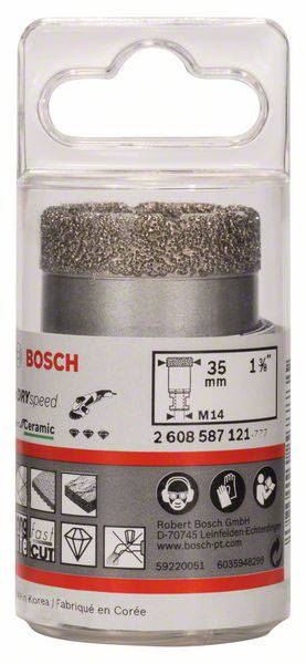 Corona diamantata Bosch, diametro 35 mm, idonea per ceramica e pietra. La confezione mostra i dettagli del prodotto e i pittogrammi di applicazione.