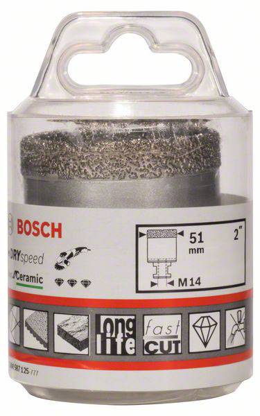 Confezione di una punta da trapano a secco in ceramica Bosch, diametro 51 mm, con simboli che indicano lunga durata e taglio rapido.