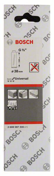 Confezione Bosch per lame da taglio con illustrazioni dei materiali idonei: acciaio, legno, pannelli in fibra; non adatto per metallo.