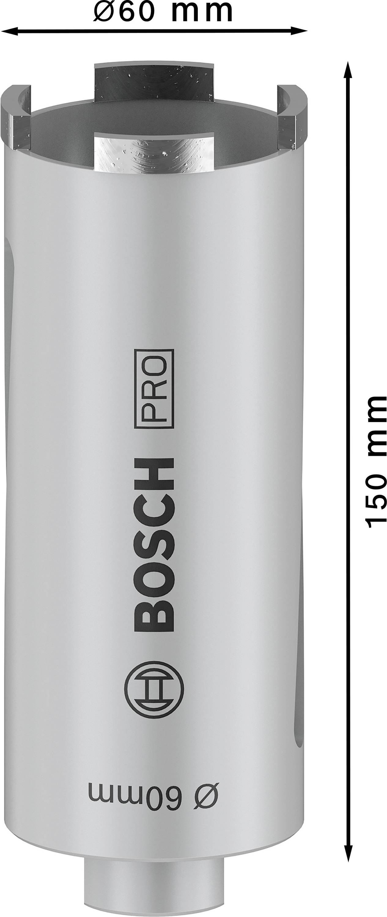 Carotatrice Bosch, diametro 60 mm, lunghezza 150 mm, per applicazioni professionali, design cilindrico argentato.