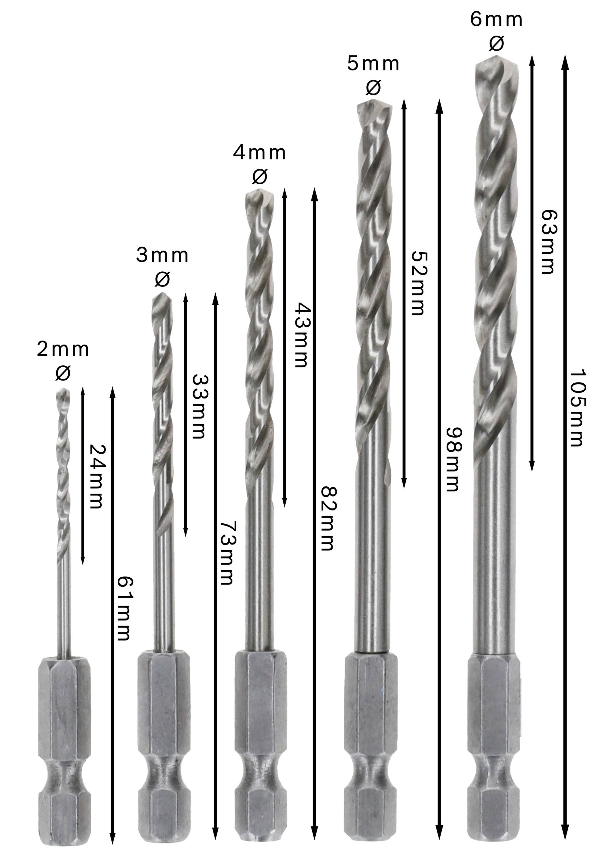 Cinque punte elicoidali di diversi diametri e lunghezze, da 2mm a 6mm di diametro, con dimensioni indicate.