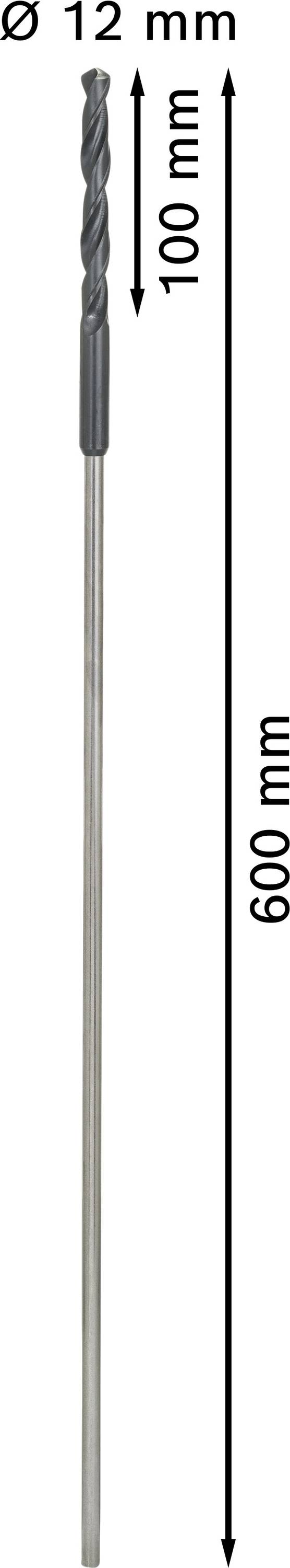 Set di punte lunghe per metallo: Lunghezza totale 600 mm, Ø 12 mm. Scanalatura elicoidale 100 mm. Ideale per forature profonde in materiali metallici.