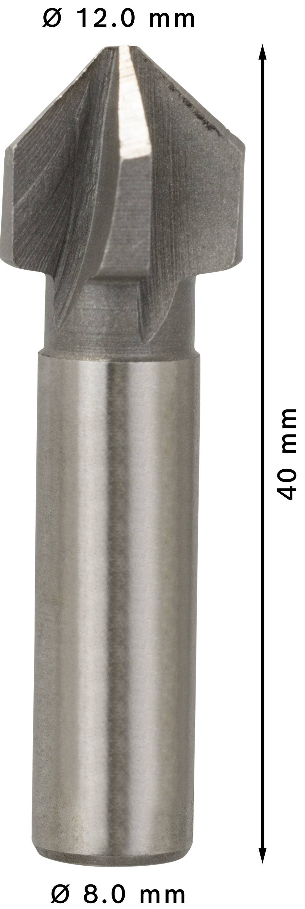 Una punta da trapano per metallo con diametro di 12,0 mm in punta e 8,0 mm sul gambo, lunghezza totale 40 mm.
