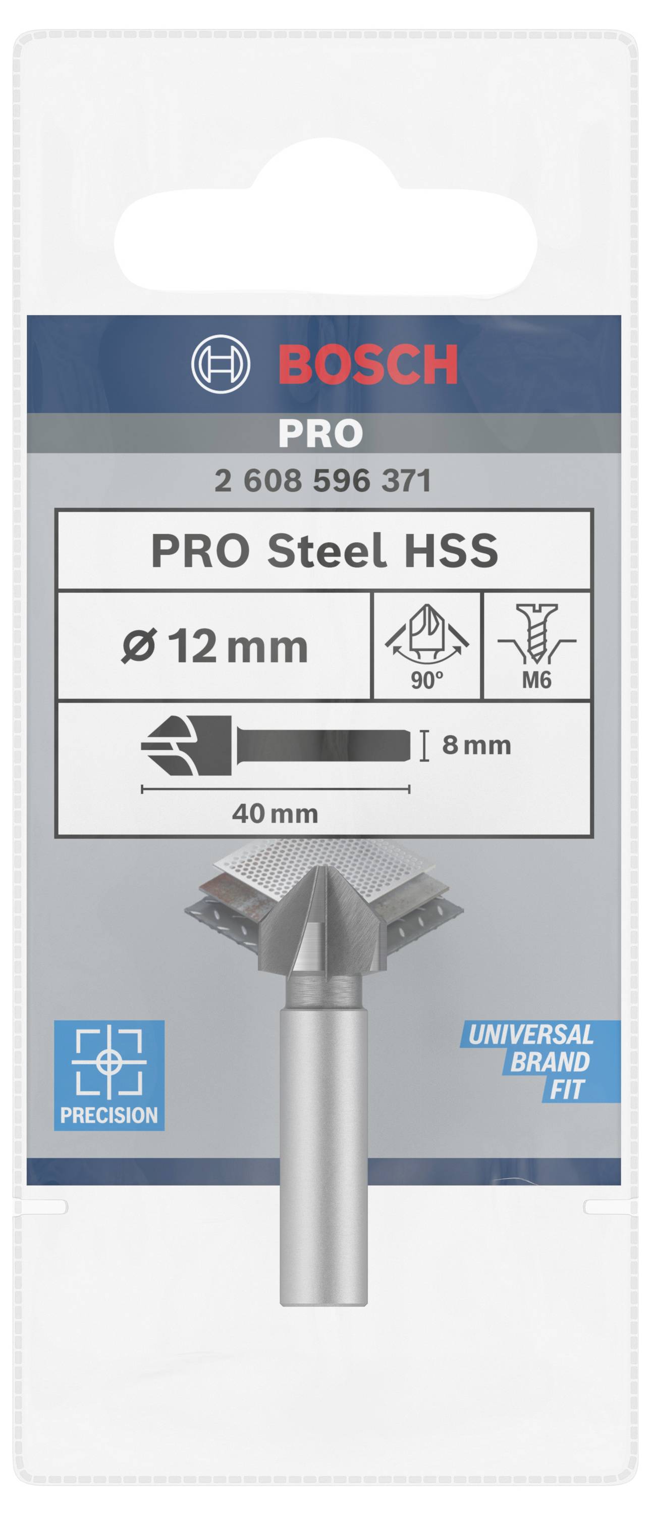 Punta da trapano Bosch per acciaio, diametro 12 mm, angolo 90 gradi. Marcatura: PRO Steel HSS, Universal Brand Fit.