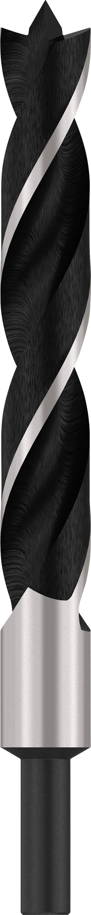 Un grande trapano a spirale nero con bordi argentati, adatto per trapani, è raffigurato.