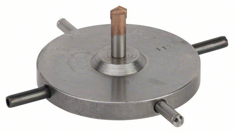 Utensile circolare metallico con un perno centrale e quattro impugnature disposte radialmente. Utilizzato per maschiare manualmente.