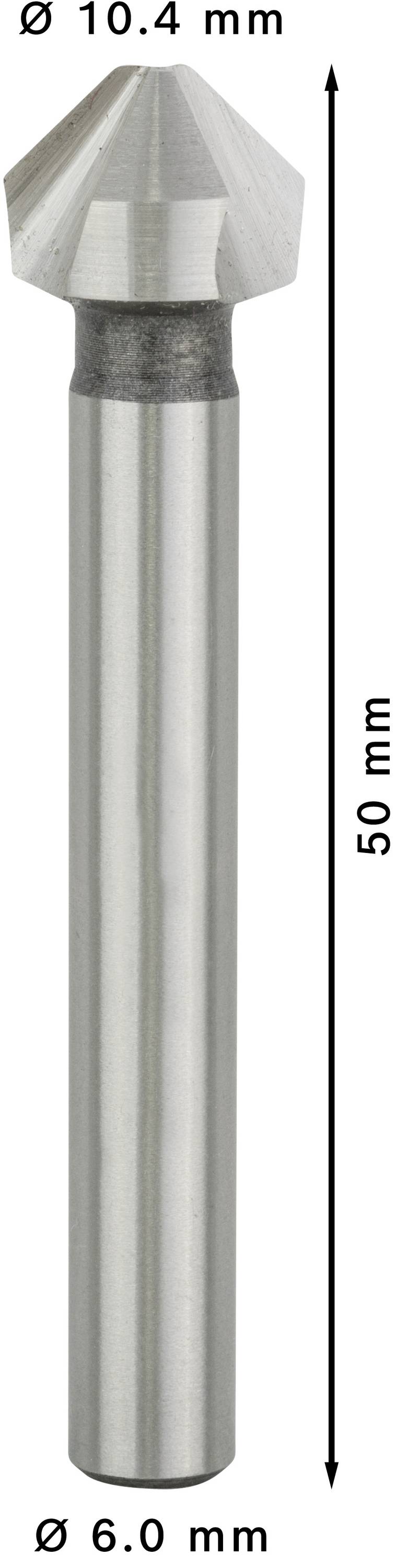 Una punta da trapano metallica conica con un diametro di 10,4 mm nella parte superiore, una lunghezza totale di 50 mm e un diametro del gambo di 6 mm.