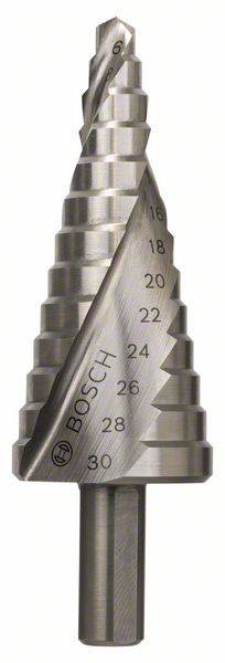 Punta a gradini in metallo con diametri incisi da 6 a 30 mm. Adatta per forare in diverse dimensioni.