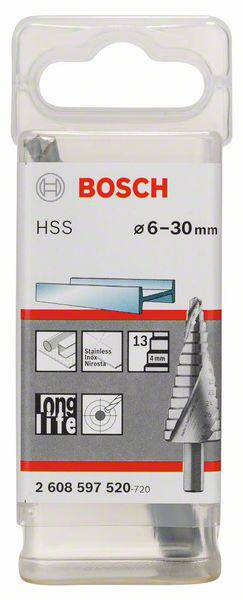 Confezione di una punta per trapano a gradini HSS Bosch, diametro 6-30 mm, adatta per acciaio inossidabile, 13 gradini, con grafica della punta del trapano.