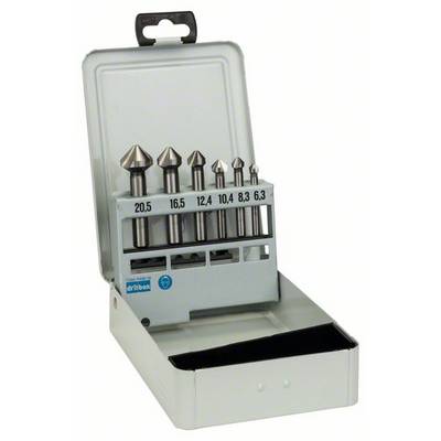 Un set di sei punte da svasatura in un cofanetto metallico, disposte in ordine di dimensione da 20,5 mm a 6,3 mm, adatte per lavori su metallo.