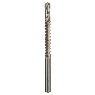 Un trapano a spirale metallico con gambo scanalato e punta affilata, utilizzato per forare o tagliare materiali duri.