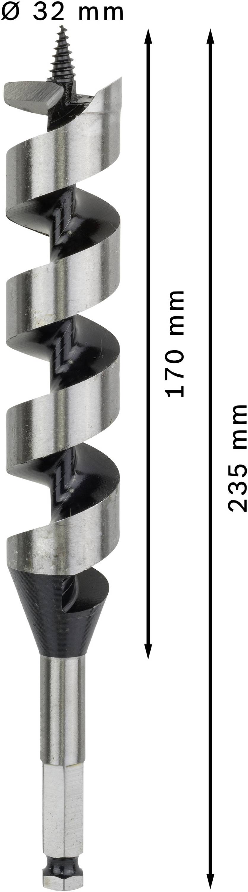 Punta per metallo con diametro di 32 mm, parte lavorante di 170 mm e lunghezza totale di 235 mm.