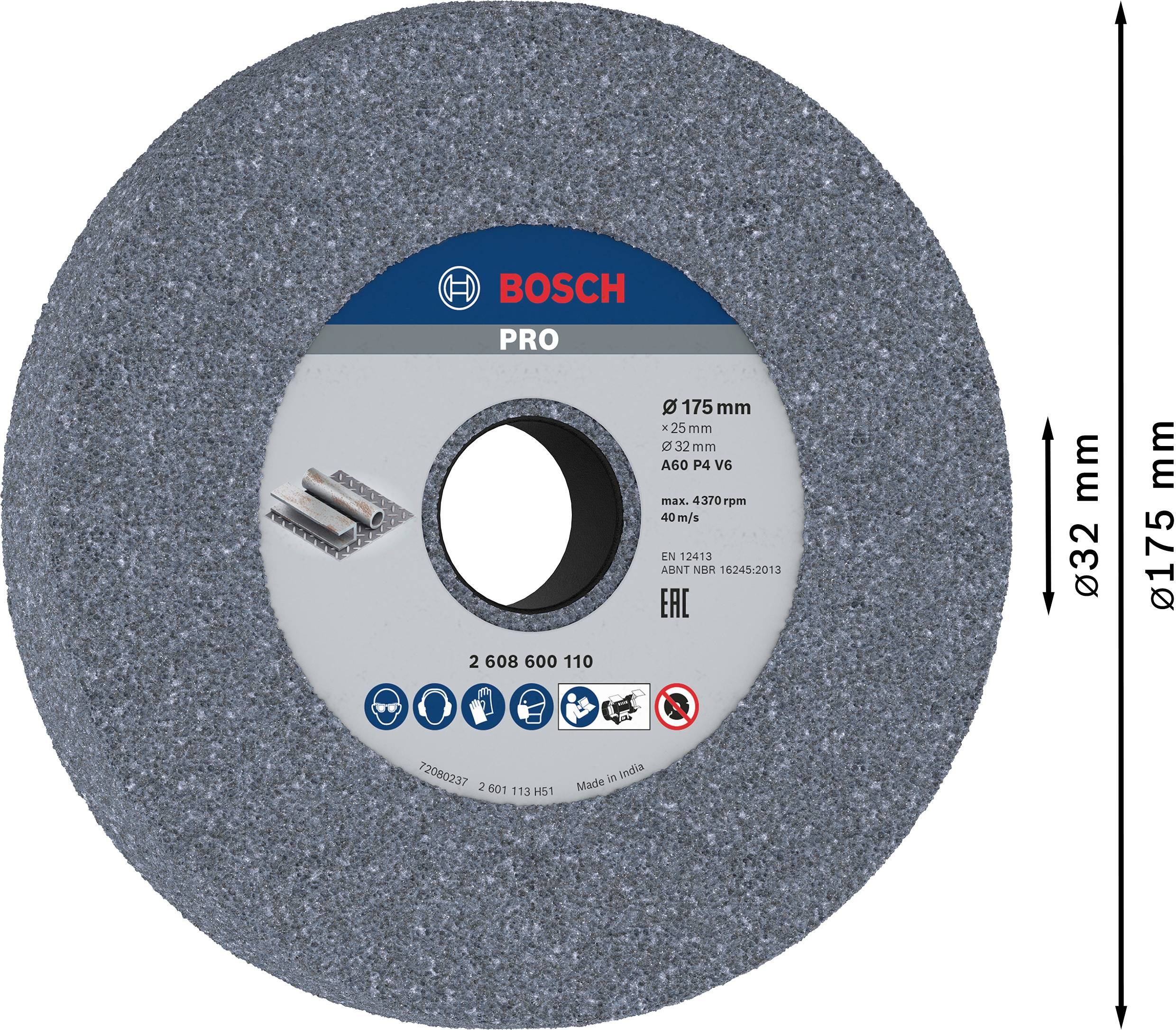 Disco abrasivo grigio con logo rosso 'Bosch' e testo. Diametro 175 mm, foro 32 mm. Adatto per metallo.