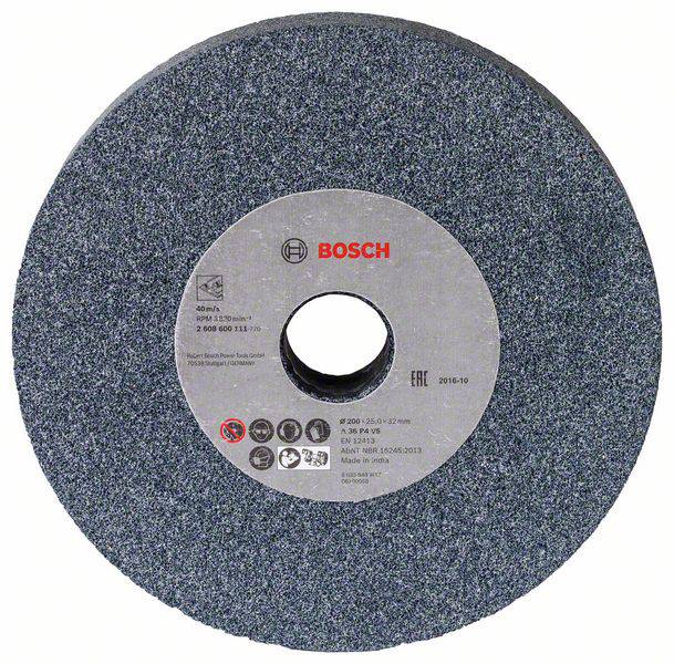 Un foglio abrasivo Bosch, rotondo e grigio, con un'etichetta al centro. L'etichetta mostra il logo Bosch e le specifiche tecniche.