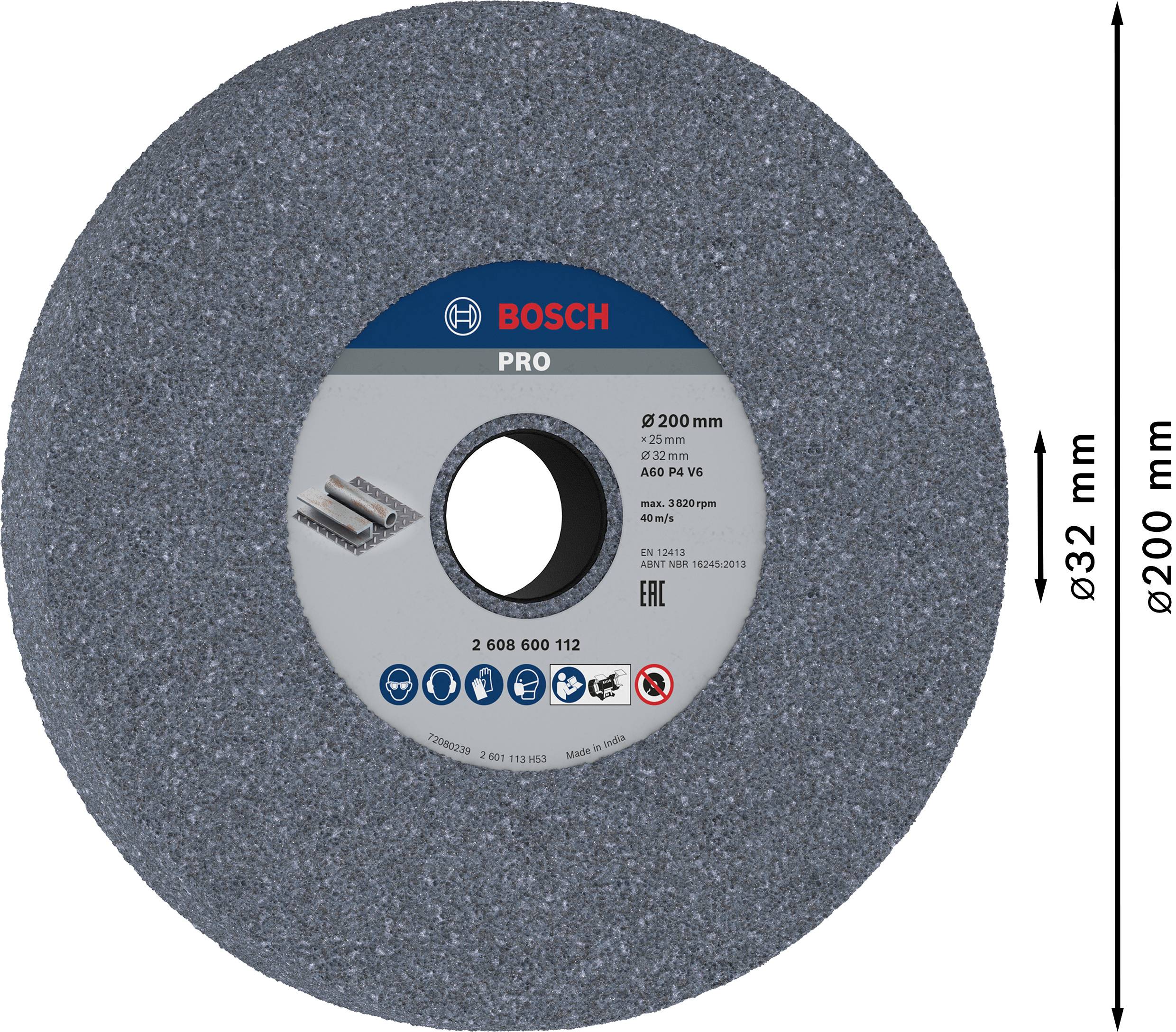 Disco abrasivo Bosch per metallo, diametro 200 mm, foro 32 mm, etichettato con specifiche del prodotto e logo del marchio.