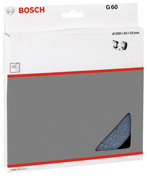 Una confezione di carta vetrata Bosch, modello G60, dimensioni: 200 x 25 x 32 mm, con un grande foglio abrasivo grigio in primo piano.