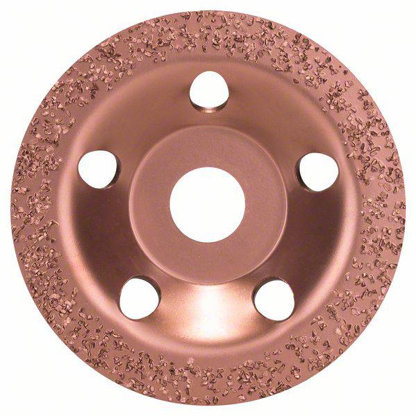 Disco abrasivo circolare color rame con cinque fori simmetrici e superficie ruvida e granulosa sul bordo.