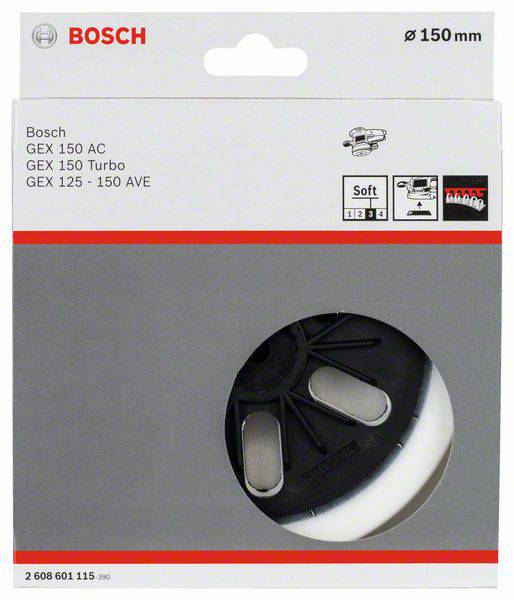 Componente Bosch con diametro di 150 mm, adatta per i modelli GEX 150 AC, GEX 150 Turbo, GEX 125-150 AVE. La confezione mostra l'immagine del prodotto.