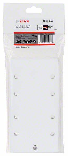 Set di carta abrasiva Bosch, dimensioni 93x186 mm, adatto per AEG, Bosch, Festool, Hitachi, Metabo, 6 fori per l'aspirazione della polvere.