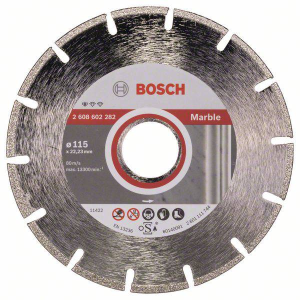 Disco diamantato Bosch, appositamente progettato per il taglio del marmo. Contiene specifiche tecniche e simboli di sicurezza.