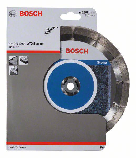 Disco diamantato Bosch per pietra da 180 mm, confezione grigia con immagine della lama e icone applicative, qualità professionale.