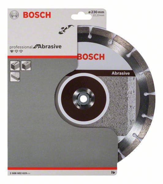 Disco da taglio 'Bosch', 230 mm, professionale, per materiali abrasivi. La confezione mostra esempi di applicazione e dettagli tecnici.