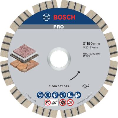 Disco da taglio per pietra e calcestruzzo, diametro 150 mm, velocità massima 10.200 giri/min, con indicazioni di sicurezza a pittogrammi aggiunte.