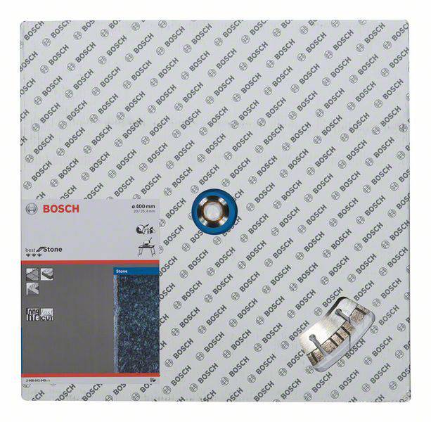 Disco da taglio Bosch con diametro 400 mm, idoneo per la lavorazione della pietra. Confezione che mostra il marchio e il segmento abrasivo.