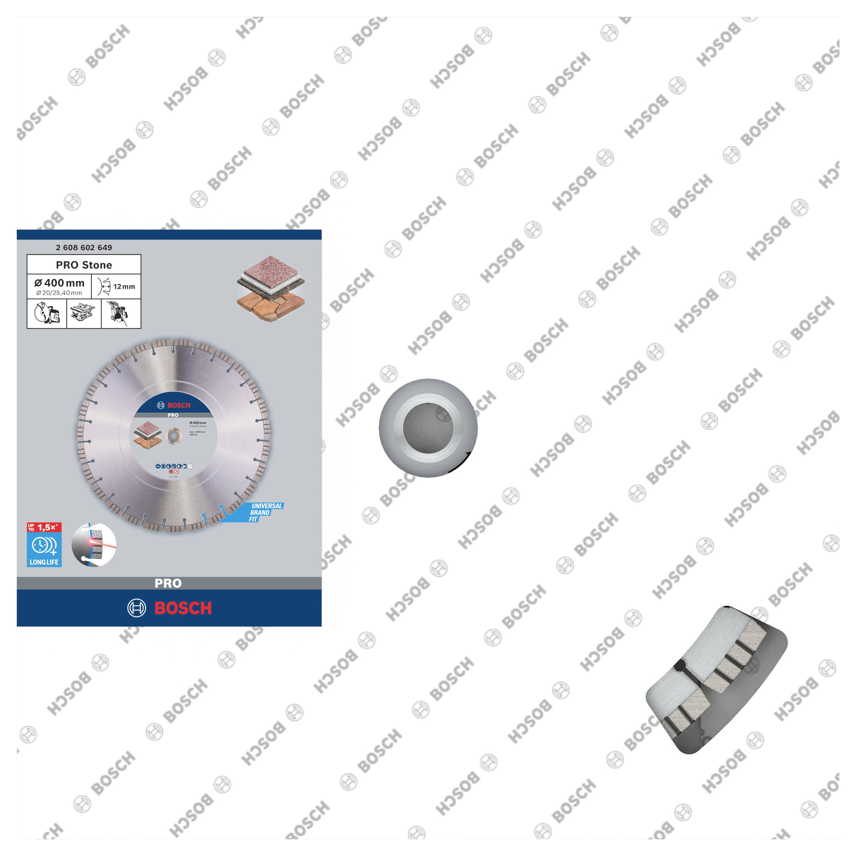 Confezione di una lama per sega Bosch per lavorazione della pietra, modello Pro Stone, 400 mm, con due viste della lama per sega.